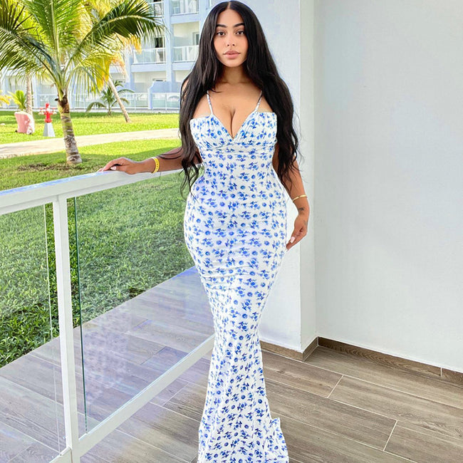 Fashion Flowers Print Suspender Long Dress Summer Lace-up Slim Backless Dresses For Women Main Image