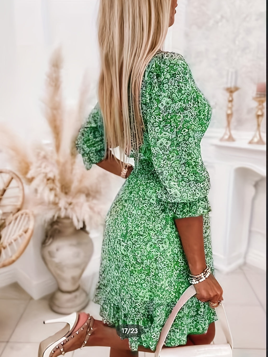 V-neck Printed Dress With Ruffled Sleeves And Waist-exquisite And Elegant Design For Women-perfect For Women's Wear In Spring And Autumn.