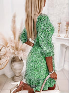 V-neck Printed Dress With Ruffled Sleeves And Waist-exquisite And Elegant Design For Women-perfect For Women's Wear In Spring And Autumn.