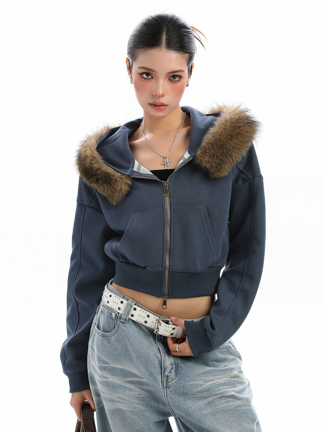 Detachable Fur Collar Hooded Short Hoodie With Exposed Waist Zipper Jacket Main Image