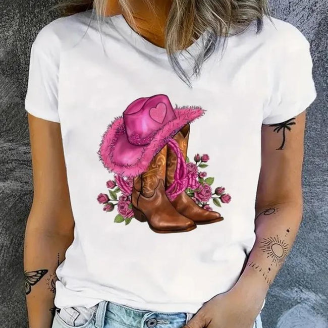 Cowgirl Floral Print T-shirts Women Summer Tshirt Lady Rive Hover Image