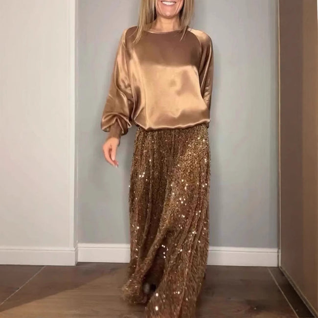 Round Neck Satin Top Sequin Dress Suit Two-piece Set Hover Image