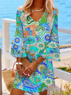 Five-quarter Sleeve Ruffled V-neck Color Dress Women