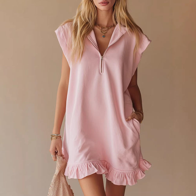 V-Neck Sleeveless Dress - Women's Casual Summer Dress With Two Front Pockets And Back Zipper Closure For Daily Wear Main Image