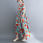 Artistic Large Size Loose Cotton And Linen Printed Short-sleeved Dress For Women