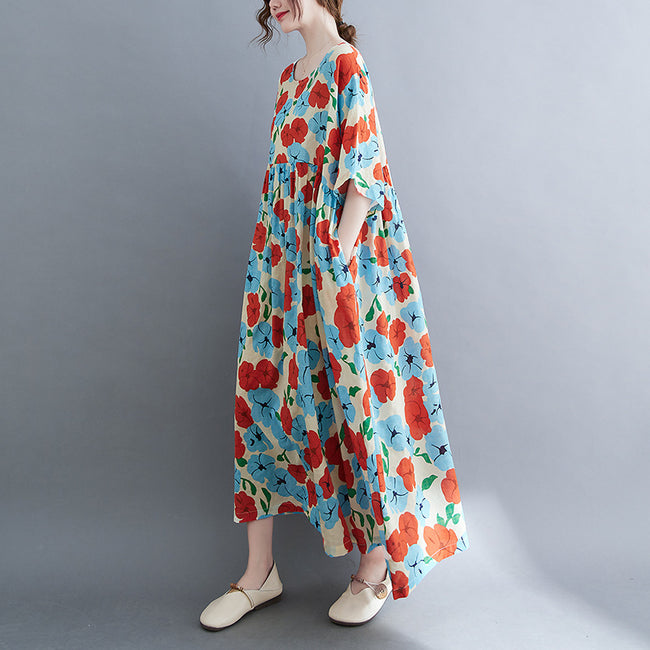 Artistic Large Size Loose Cotton And Linen Printed Short-sleeved Dress For Women Main Image