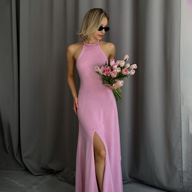 Fashion Halter Split Wool Dress Women Hover Image