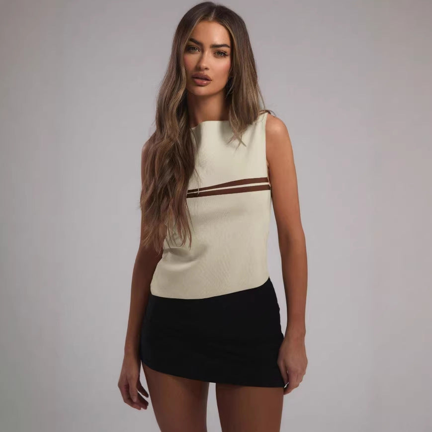Chanel-style Striped Knitted Camisole Womens Summer Outerwear Slimming Base Layer Sleeveless T-shirt Top