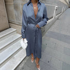 Haze Blue Waist-tight Satin Sexy Slit Dress