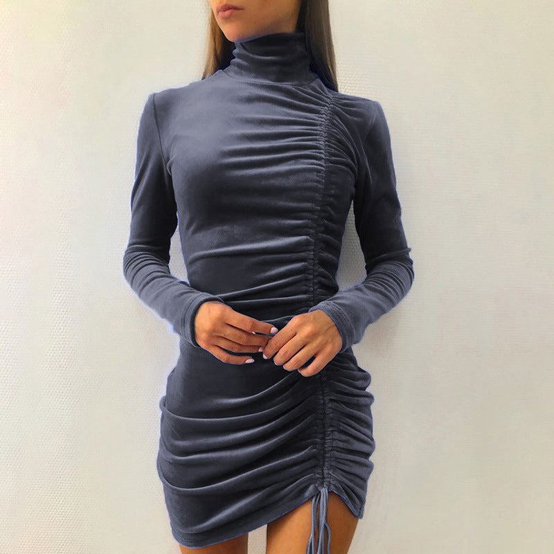 Suede Drawstring High Neck Dress Women