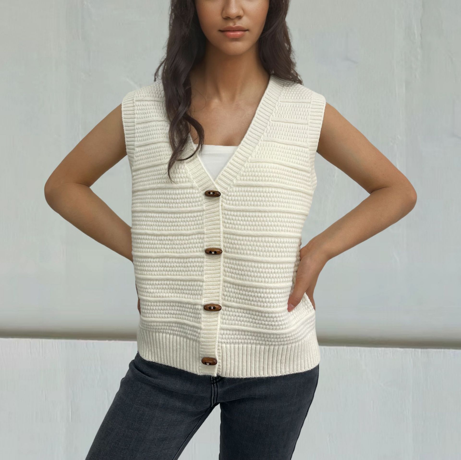 Horn Button Sleeveless V-neck Knitted Vest For Women