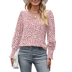 Loose Printed Long Sleeve V-neck Chiffon Shirt For Women