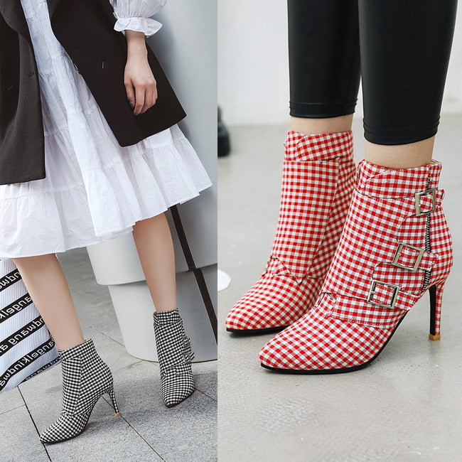 Women's Plaid Short High Heels Knight Boots Hover Image