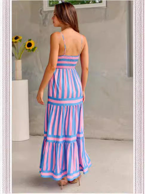 Summer Striped Printed Suspender Long Dress With Pockets Fashion Square Neck Backless Dresses For Beach Vacation Women Clothing Main Image