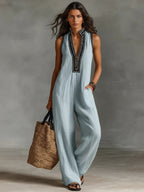 Women's Simple Linen-blend Sleeveless Jumpsuit