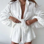 European And American Cotton And Linen White Suit Women's Spring And Summer Long Sleeves Shorts Two-piece Set