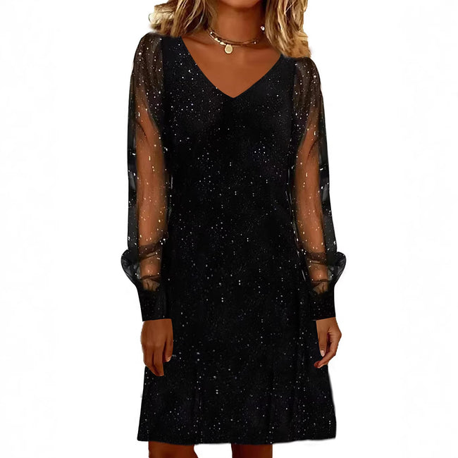 Elegant Women Dress V Neck Shiny And Glowing Mesh Sleeve Mini Dresses For Women Autumn Winter Party Dress Black Evening Dress Main Image