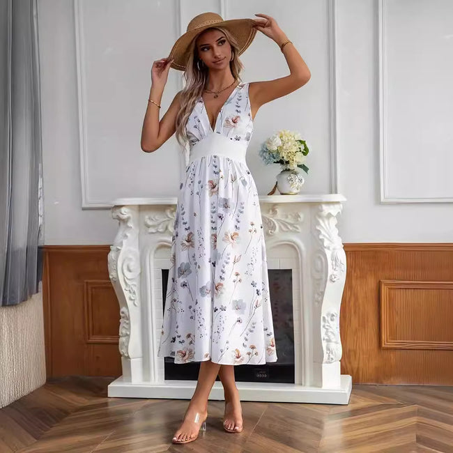 Women's Summer New V-neck High Waist Sleeveless Printed Vest Dress Main Image