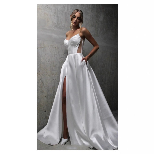 White Satin Slit Pocket Bandage Wedding Dress Main Image