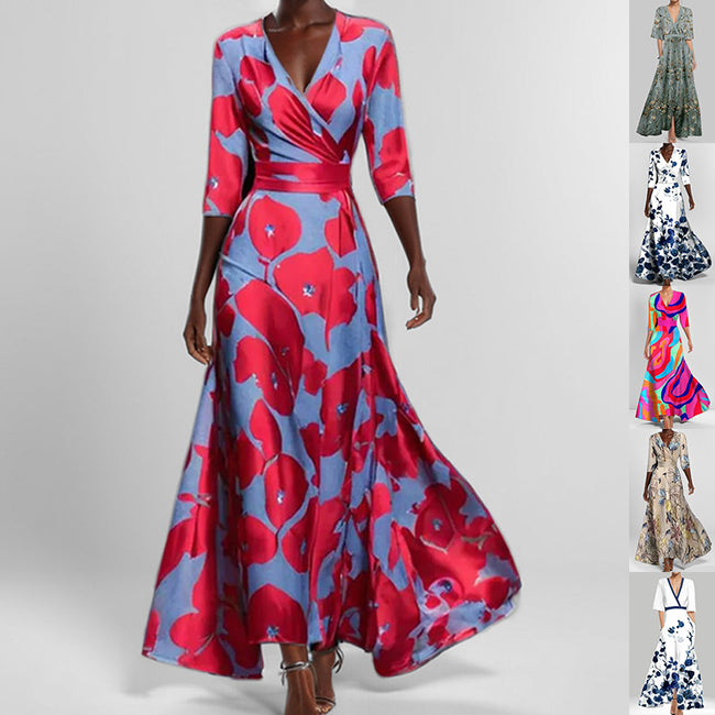 Fashion Print Half-sleeve V-neck Dress Temperament Slim Tight Waist Dresses For Women Hover Image