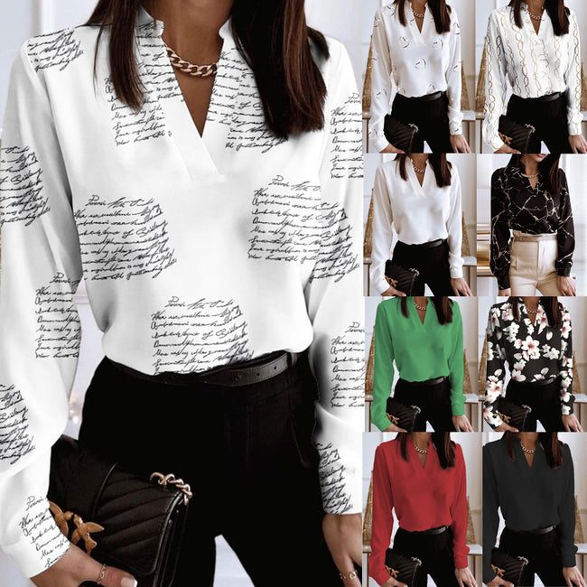 Spring Long Sleeve V-Neck Loose Printed Shirt Shirt Top Women Hover Image