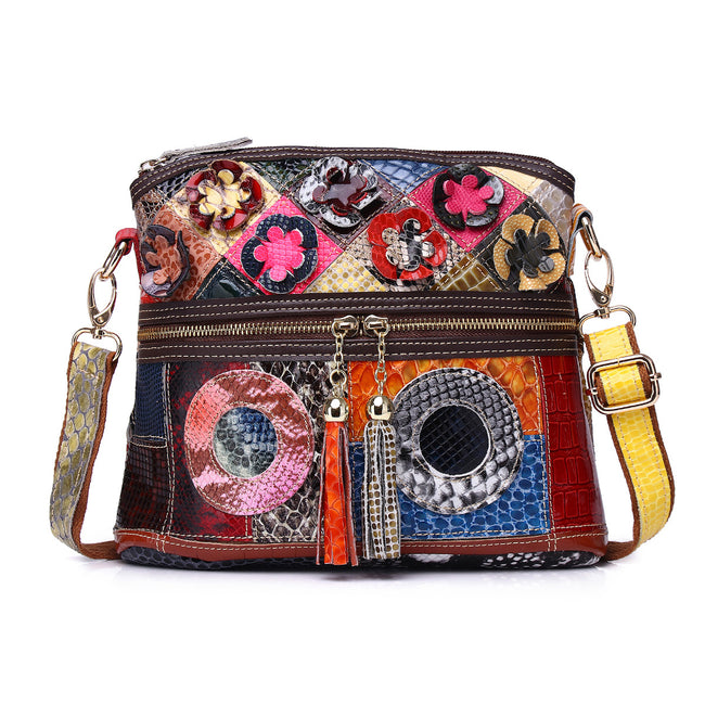 Genuine Leather Serpentine Color Handmade Casual Daily Tassel Flowers Shoulder Messenger Bag For Women Main Image