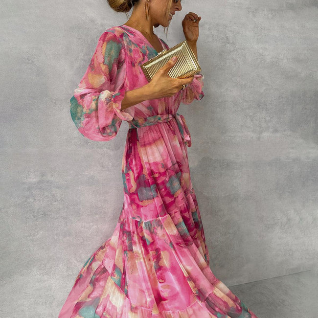Long-sleeved Floral Print Dress Elegant V-neck Pleated High-waisted Big Swing Chiffon Maxi Dresses For Women Clothing Main Image