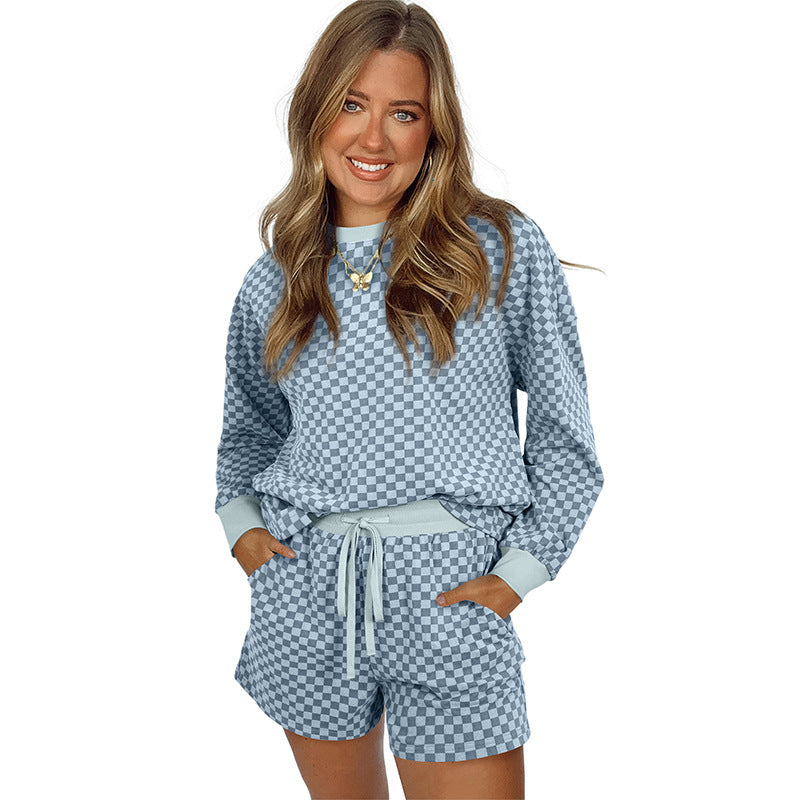 Drawstring Leisure Suit Women's Printed Checks Long Sleeve Two-piece Set