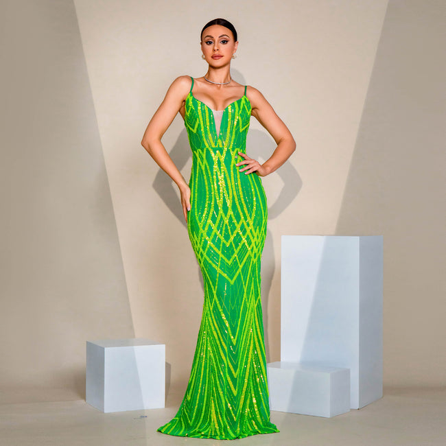 V-neck Strap Sequined Fishtail Evening Dress Hover Image