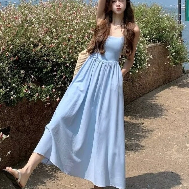 Gentle Blue Pleated Suspender Dress