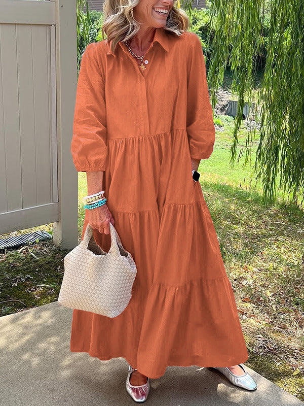 Casual Loose Lapels Mid-sleeve Large Swing Dress