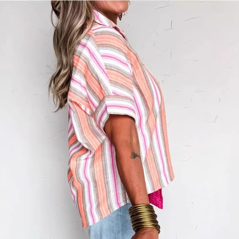 Personalized Striped Print Short-sleeve Summer Blouse For Women