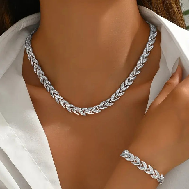 2PCS Glass Leaf Necklace Set Elegant Rhinestone Chain Necklace Bracelet For Women Fashion Luxury Jewelry Set Main Image