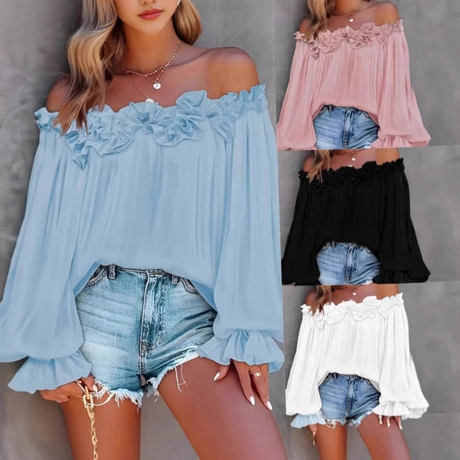 Casual Blouses Shoulder Off-Shoulder Long Sleeve Top Lotus Leaf Sleeve Shirt Loose Women's Clothing Hover Image