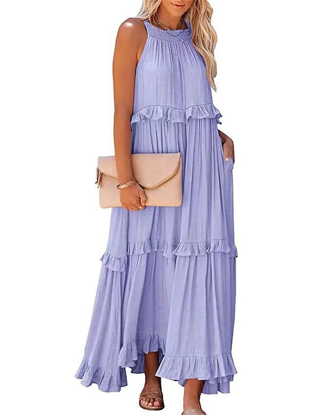 Summer Vacation Style Halter Neck Long Dresses Women Fashion Backless Leace-up Loose Ruffles Beach Dress Elegant Ladies Vestidos Main Image