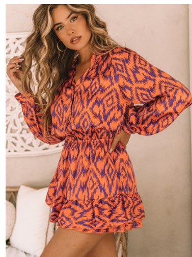 Cross-border Printed Stand Collar Long Sleeve Elastic Waist Bag Liner Dress