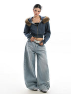 Detachable Fur Collar Hooded Short Hoodie With Exposed Waist Zipper Jacket