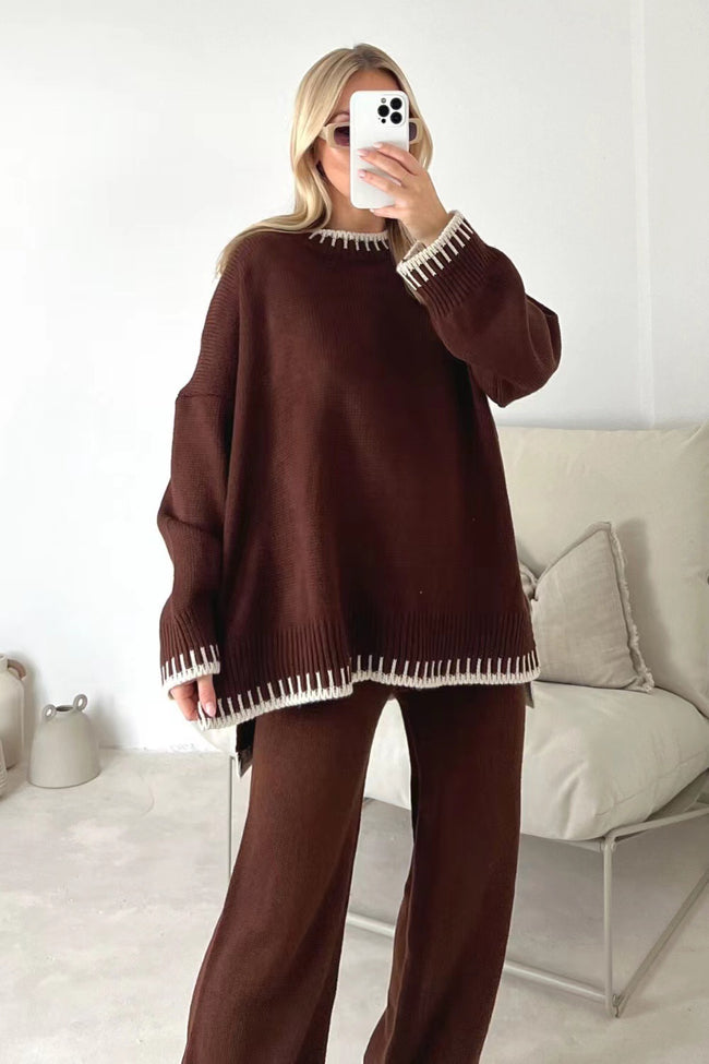 Women's Suit Fashion Pullover Split Long-sleeved Top And Loose Straight Pants Solid Color Two-piece Set Main Image