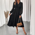 Sweet Elegant Style V-neck Tight Waist Lace Long Sleeve Solid Color Dress Women