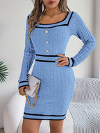 Elegant Square Neck Button Long Sleeve Sweater Dress