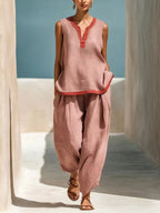 Summer Contrast-Colored Wide-Leg Pants Suit Womens Cotton-Linen Fashionable Two-Piece Set