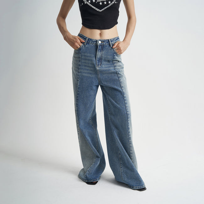 Washed Blue Jeans Loose Stitching Women Hover Image