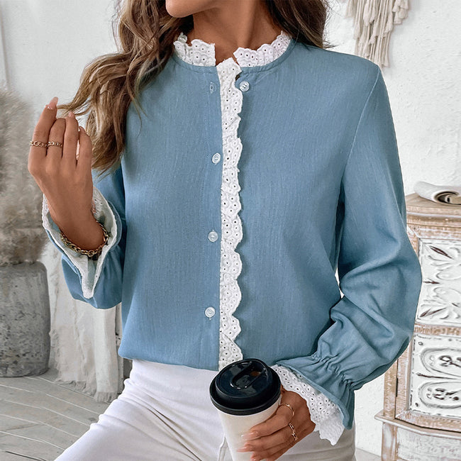 Cardigan Single-breasted Lace Collar Blue Shirt For Women Main Image