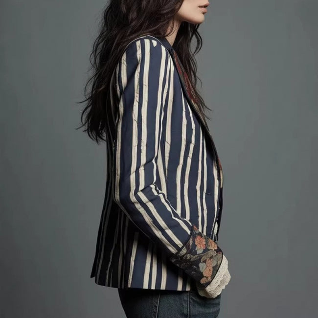 Women's Bohemian Color-Block Striped Blazer Main Image