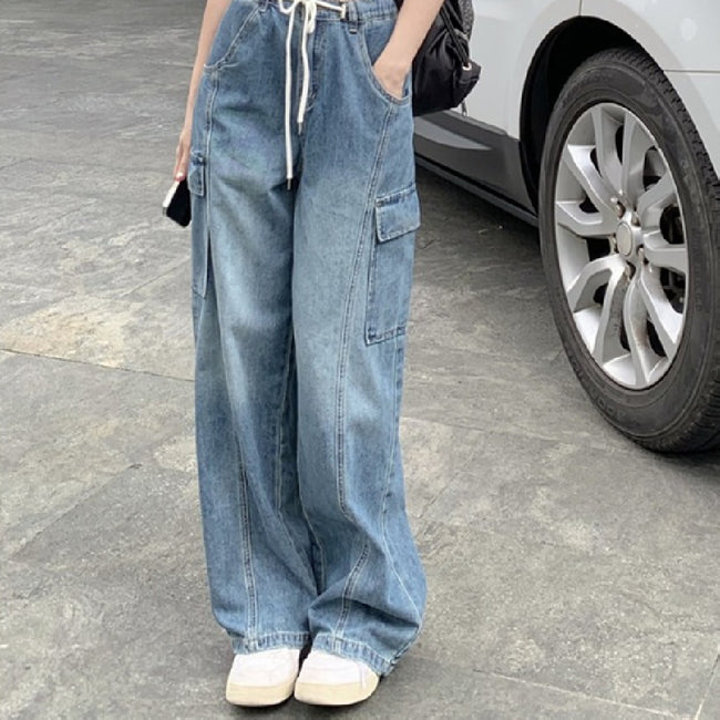 American High Street Drawstring Elastic Waist Jeans Women Hover Image