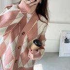 Diamond Contrast Color Cardigan Sweater Women