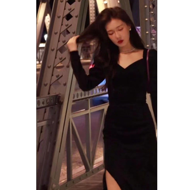 Women Fashionable Temperament Gold Velvet Dress