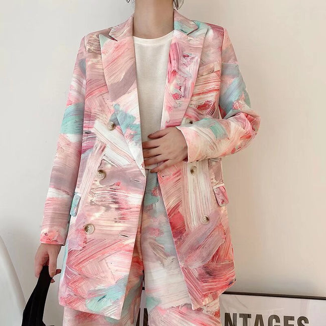 Graffiti Printing Double Breasted Blazer For Women Hover Image
