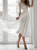 Latest Satin Long Sleeve Embroidered V-neck  Back Lace Bridal Wedding Dress