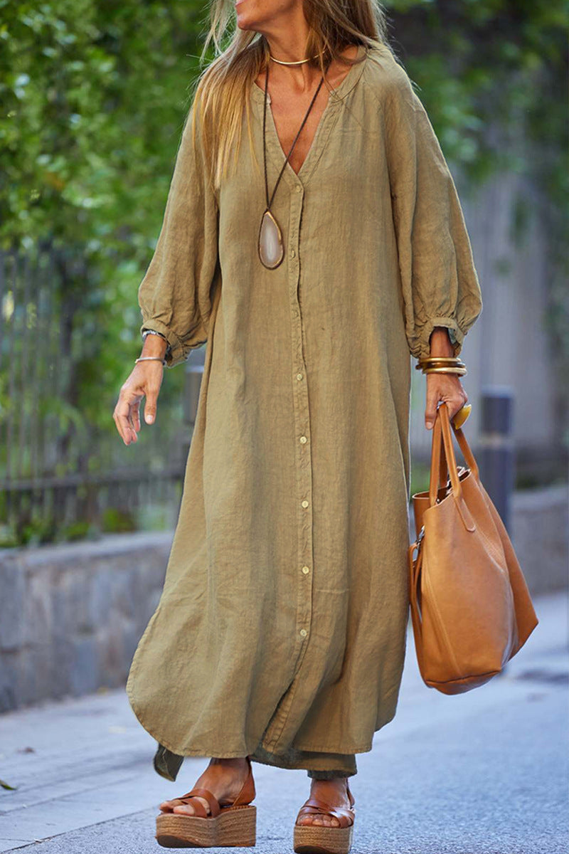 Women's Fashion Casual Cotton Linen Shirt Dress